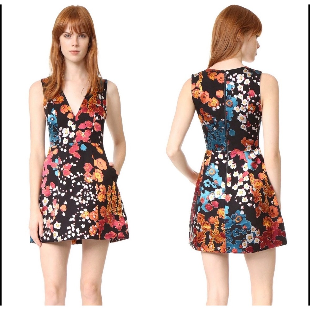 Alice + Olivia Paty Lantern V Neck Mini Dress Floral Field Burnout Womens Size 6